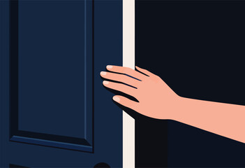 A hand, reaching towards a dark blue door, is partially illuminated by light. A dark, empty space is visible