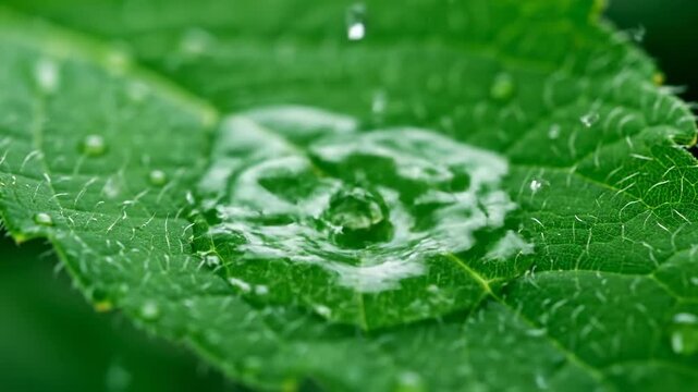 Macro close-up of fresh dew drops on a green leaf showcasing the wet texture and natural growth of garden flora after a spring rain