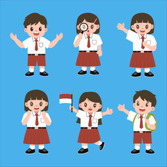 set of boys and girls student wearing Indonesian elementary school uniform.