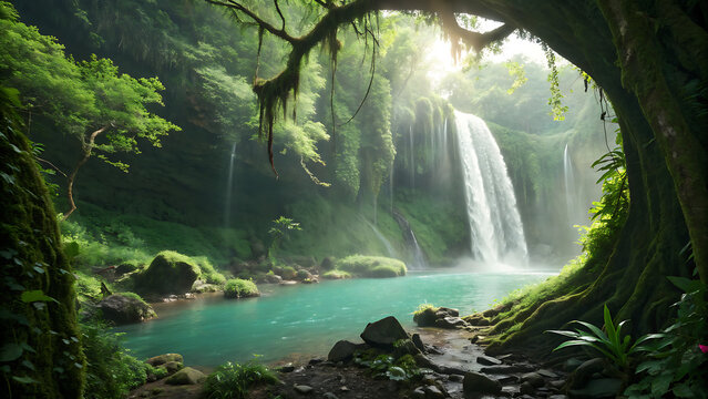 Lush tropical jungle scene featuring a powerful waterfall cascading into a vibrant turquoise pool, viewed from a dark, mossy cave entrance with sunlight filtering through the canopy