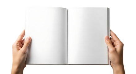 Hands holding an open blank book isolated on transparent background