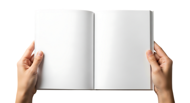 Hands holding an open blank book isolated on transparent background - Powered by Adobe