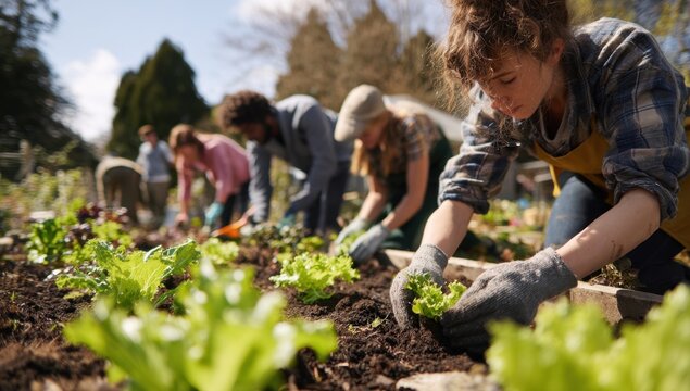 A diverse group of people working together outdoors in a community gardening activity, planting and tending to various green plants and vegetables in a sunny environment - Powered by Adobe