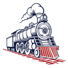 Vintage steam locomotive with smoke, traveling on railway tracks, in a black, white, and red design, isolated on © Sp