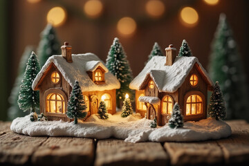 Charming little winter village scene illuminated with a soft, golden glow. wooden table, front view. 3d rendering.