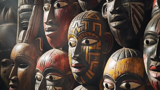Display of Diverse Traditional African Tribal Masks with Intricate Carvings and Vibrant Hand-Painted Patterns illuminated by Dramatic Spotlighting