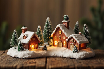 Charming little winter village scene illuminated with a soft, golden glow. wooden table, front view. 3d rendering.
