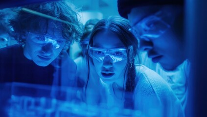Scientists in a laboratory wearing protective glasses and examining a glowing blue scientific sample under bright lighting conditions