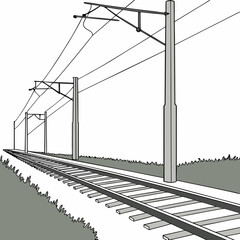 Illustration of a railway track with overhead power lines and support poles, showing electrified train infrastructure, isolated on