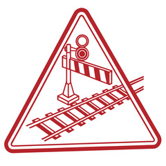 Red triangular warning sign indicating a railroad crossing with a barrier, signal, and tracks, symbolizing danger and caution, isolated on