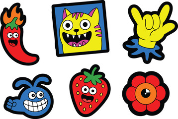 Colorful cartoon sticker set featuring fun expressive characters, cute kawaii icons, playful animals, fruits, hands and decorative graphic elements for designs