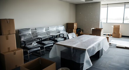 Interior of office with desk boxes and wrapped chairs in stretch film on moving day 51350583 1