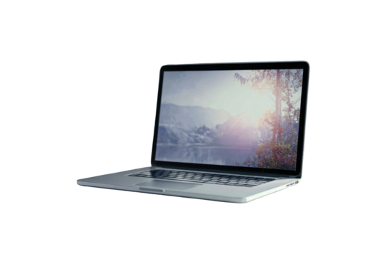 A modern silver laptop with its screen open, displaying a beautiful serene landscape. Sunlight filters through trees onto mountains and water. Isolated on black.