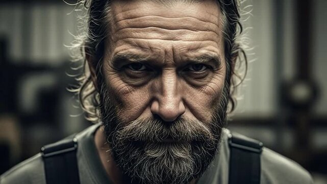 Aging craftsman portrait displaying wisdom, hard work, and intense gaze presence