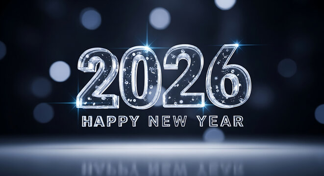 Happy New Year 2026 Sparkling Clear Glass Text Bokeh
