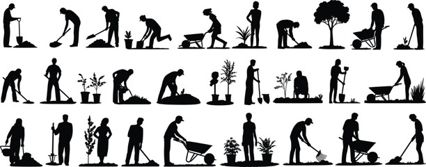 Large set of gardening and farming vector silhouettes with people digging, planting, raking, and using wheelbarrows, depicting agriculture and labor.