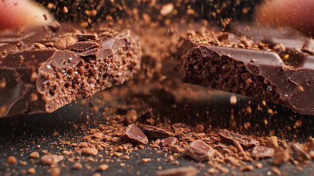 Close-up of a chocolate bar breaking into pieces with cocoa powder explosion, showcasing rich texture and detail in slow motion against a dark background, highlighting the indulgent chocolate