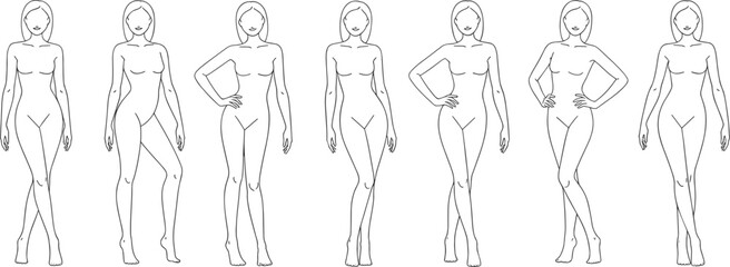 Set of seven fashion croquis vector templates featuring female figures in diverse stylish poses for apparel design and technical drawing.