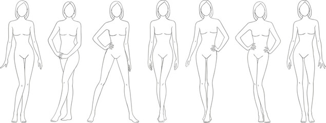 Set of seven fashion croquis vector templates with blank female figures in various poses for clothing design and illustration.