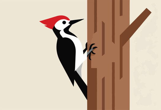 A stylized woodpecker with a red crest clings to a tree, minimalist design, earthy tones