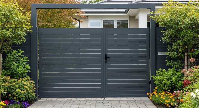 High dark grey home door aluminum gate gray slats portal garden of suburb house 14758539 1
