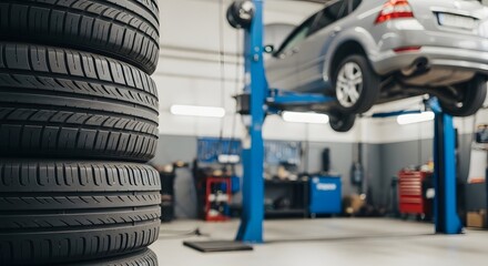 Car service station with tires stacked vehicle on lift auto repair shop