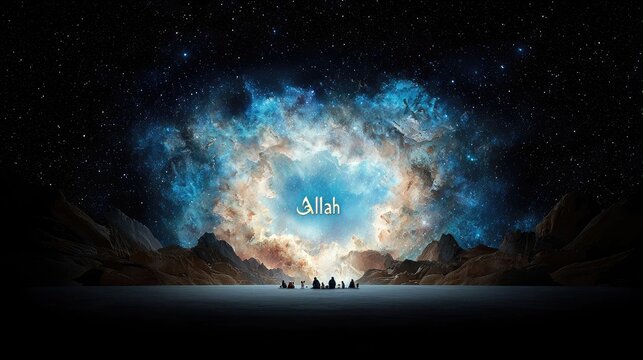 A group of silhouetted figures sit on a dark, flat plain, facing a vibrant, swirling nebula in the night sky. The nebula is illuminated with blues, whites, and