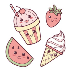 “Cute Kawaii Fruits and Drinks Set Adorable Cartoon Food Vector Illustration”