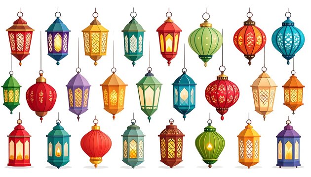 Assorted colorful glowing lanterns, hanging in a group, for a festive celebration