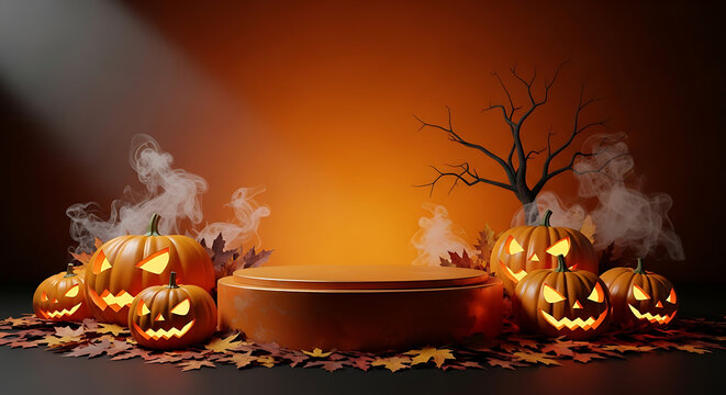 Halloween podium background pumpkin product platform scene display Background orange autumn podium 3 50601603 1