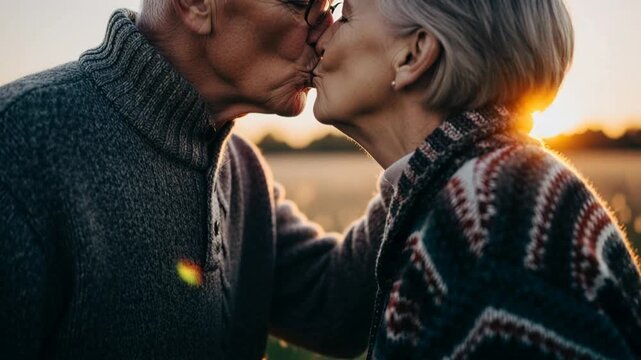 Close-up of affectionate senior couple kissing tenderly in a field at sunset with the man holding the woman's head, orbiting camera