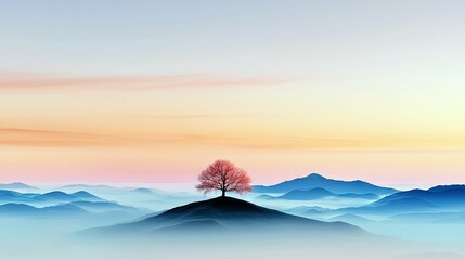 A single, bare tree stands silhouetted on a hill, overlooking layers of misty blue mountains. The sky displays a soft gradient of sunrise colors, from pale blue