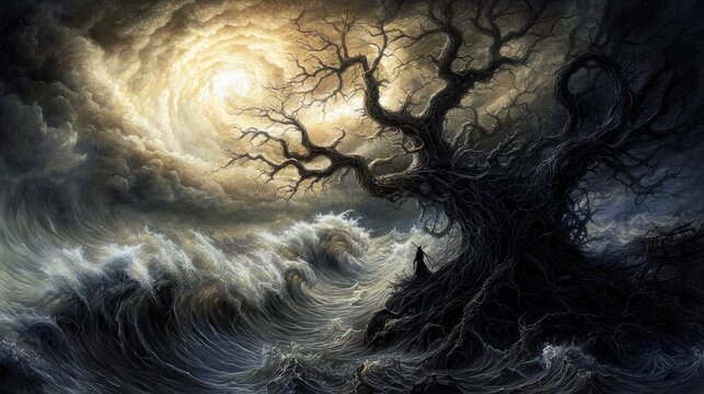 A lone figure stands beside a dark, gnarled tree on a rocky shore as powerful waves crash and turbulent clouds swirl under a dramatic, bright sky.