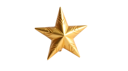 A shiny golden Christmas star decoration with intricate details, placed on a white surface. Isolated on a transparent background.