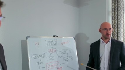 Two male professionals in formal suits analyzing a hand-drawn business strategy diagram on a whiteboard. One of them points at the chart with a stick, explaining the steps from idea to success. 