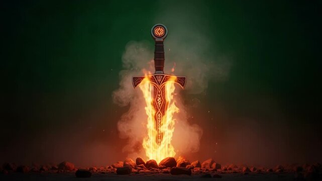 Mystical sword engulfed in flames standing on a rocky surface against a dark green background creates a magical scene
