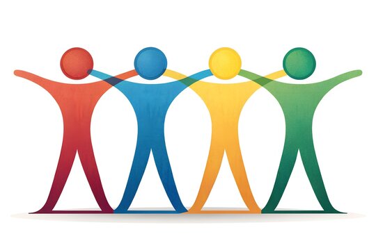 Colorful figures holding hands representing teamwork and unity on a white background