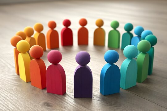 Colorful wooden figures standing in a circle representing diversity and inclusion - Powered by Adobe