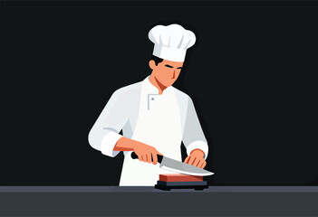 A chef sharpens a knife on a whetstone, wearing a white uniform and toque. Dark background