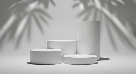 Minimalist white podiums with palm leaf shadows, creating a serene and elegant display for product presentation or advertising