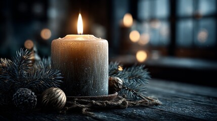 Photorealistic candle flame in a dark winter room with evergreen sprigs and yule ornaments, warm glow and cozy natural textures creating a serene festive atmosphere