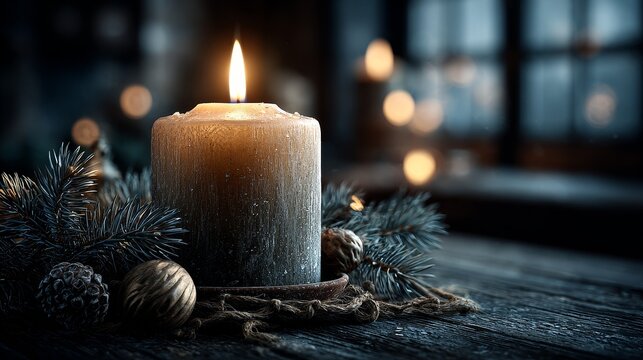 Photorealistic candle flame in a dark winter room with evergreen sprigs and yule ornaments, warm glow and cozy natural textures creating a serene festive atmosphere