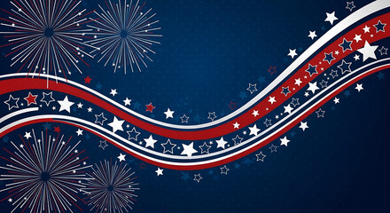 Abstract patriotic background with fireworks and stars in red, white, and blue colors, celebrating american holidays like 4th of july or independence day