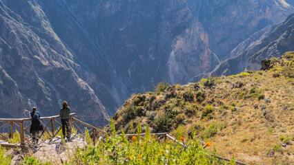 People are standing on a alpine observation deck, looking at the gorge, leaning on a wooden fence. Mountain slopes are visible ahead. Green vegetation. Peru. Colca Canyon.