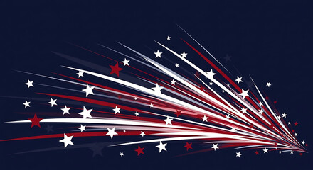 Abstract explosion of red and white streaks with stars on a dark blue background, symbolizing celebration and patriotism