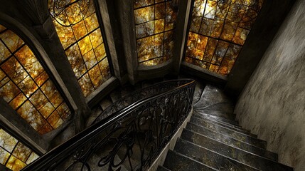 A dramatic, dimly lit spiral staircase with dark marble steps and an ornate wrought-iron railing, leading upwards towards a ceiling with large, amber-toned stai