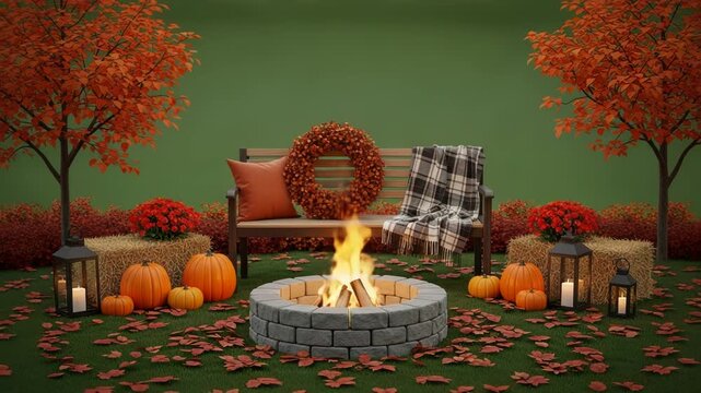 Cozy autumn scene with fire pit, pumpkins, and fall foliage creating a warm and inviting atmosphere