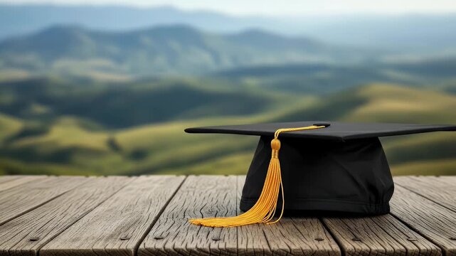 A classic black graduation cap adorned with a vibrant golden tassel rests proudly on a rustic wooden surface, symbolizing a significant milestone. The background features a beautifully blurred natural