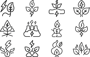 Green Energy and Nature Icons with Leaves and Lightning Bolts illustration backg