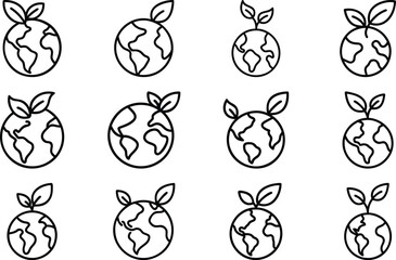 Earth Globe with Leaves Icons Collection illustration bundle
